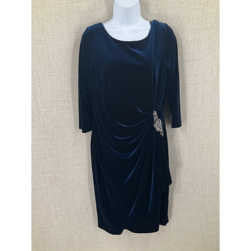 Alex Evenings Cocktail Dress Women 12 Navy Blue Velvet Rhinestone Ruched Formal